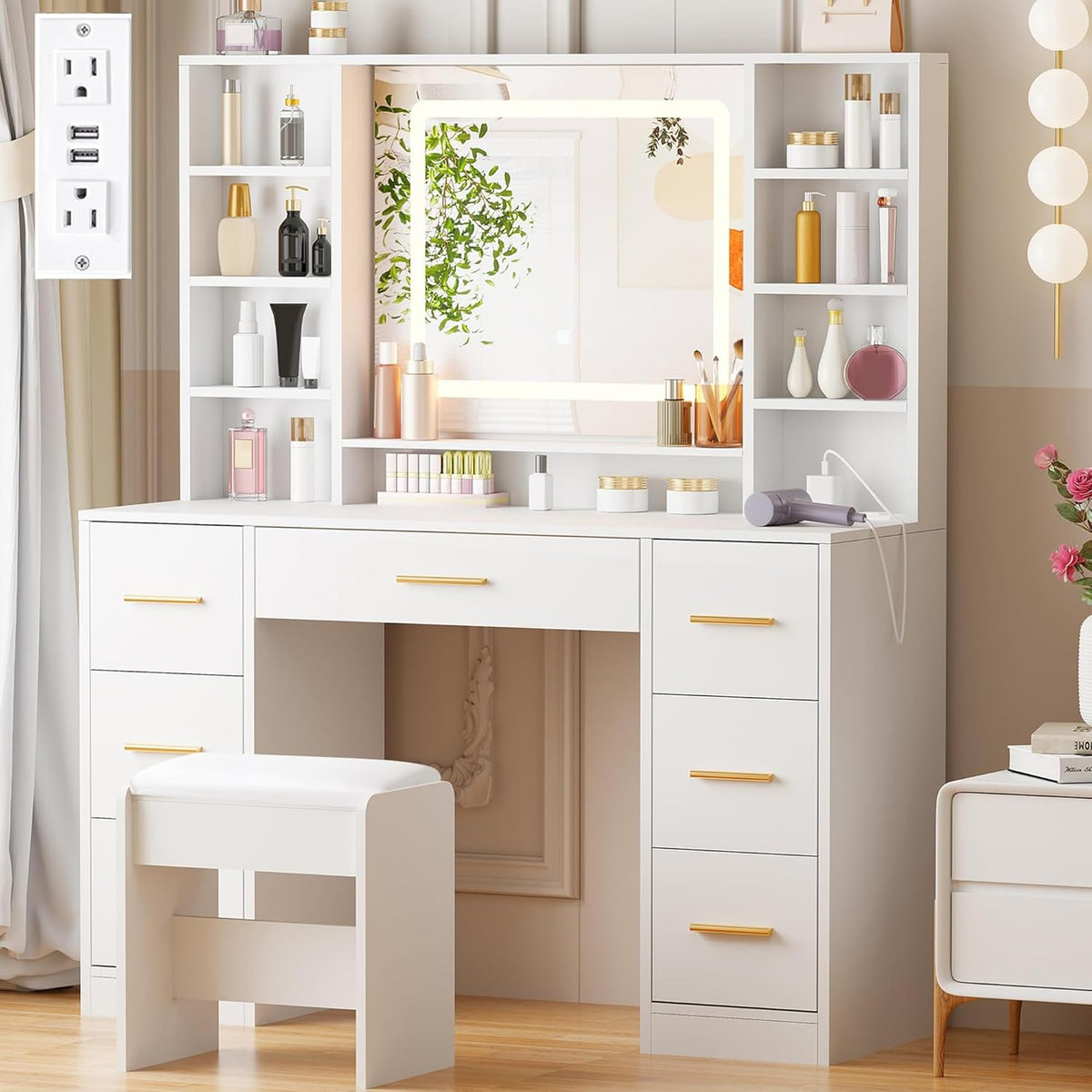 ANWBROAD vanity desk table with lighted mirror white front view displaying seven drawers and illuminated LED makeup station