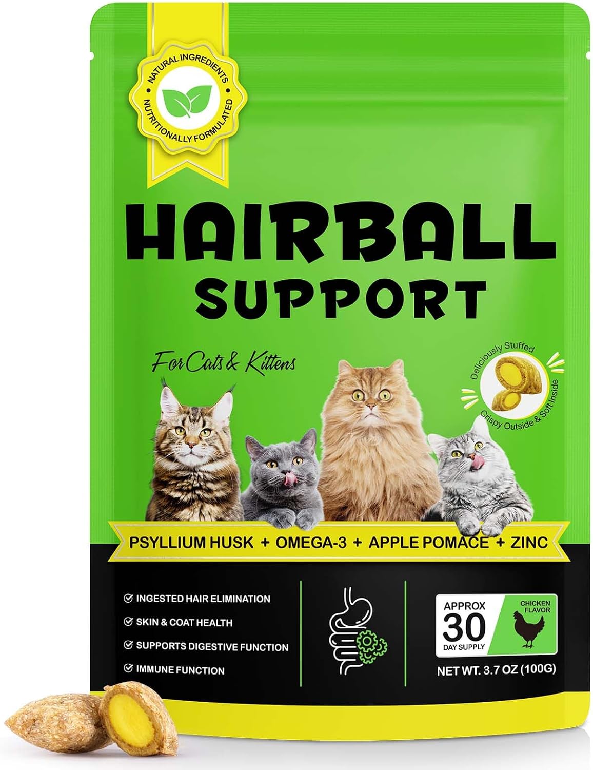 Uocasi cat hairball support chews front view packaging pouch