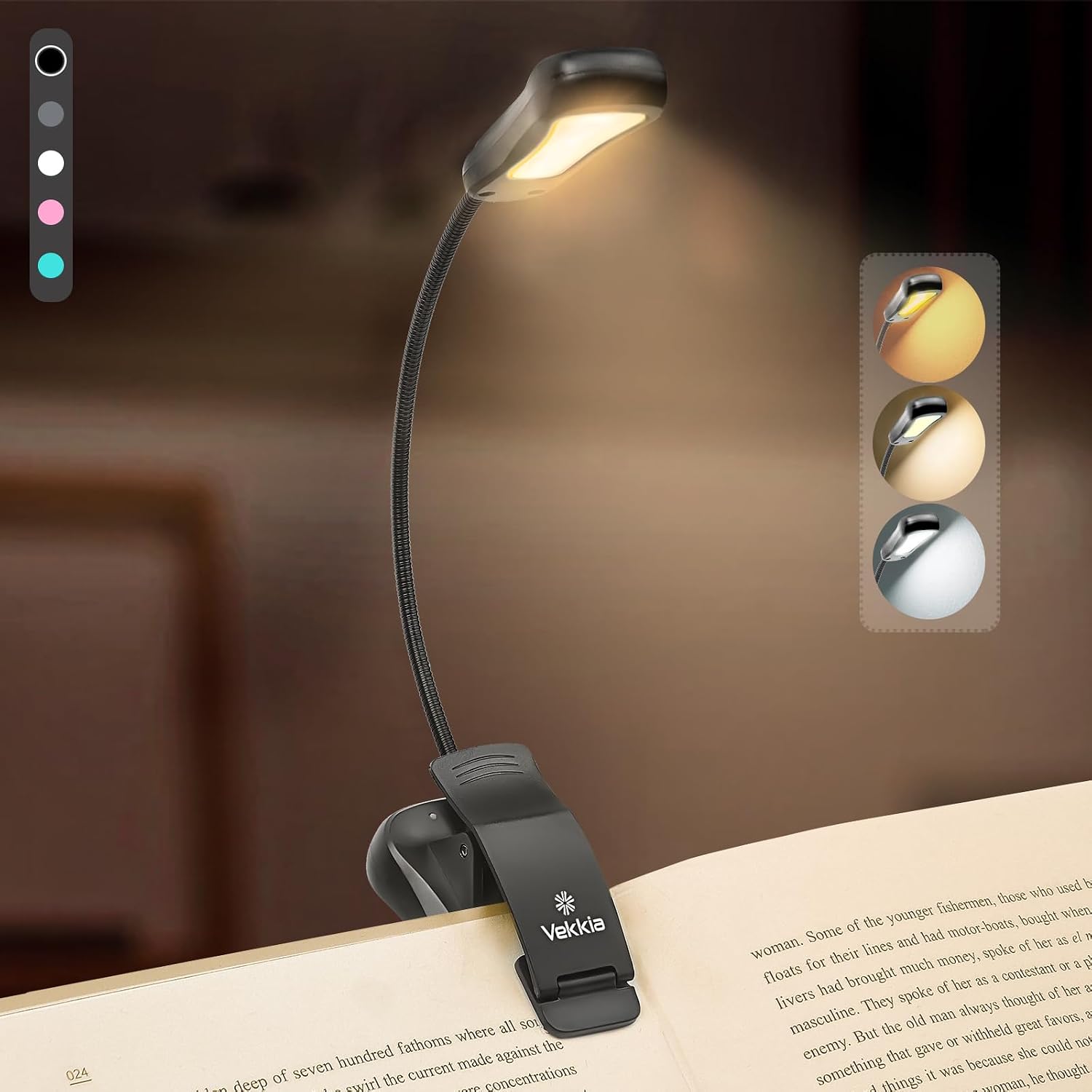 Vekkia rechargeable book light black front view clip on reading lamp