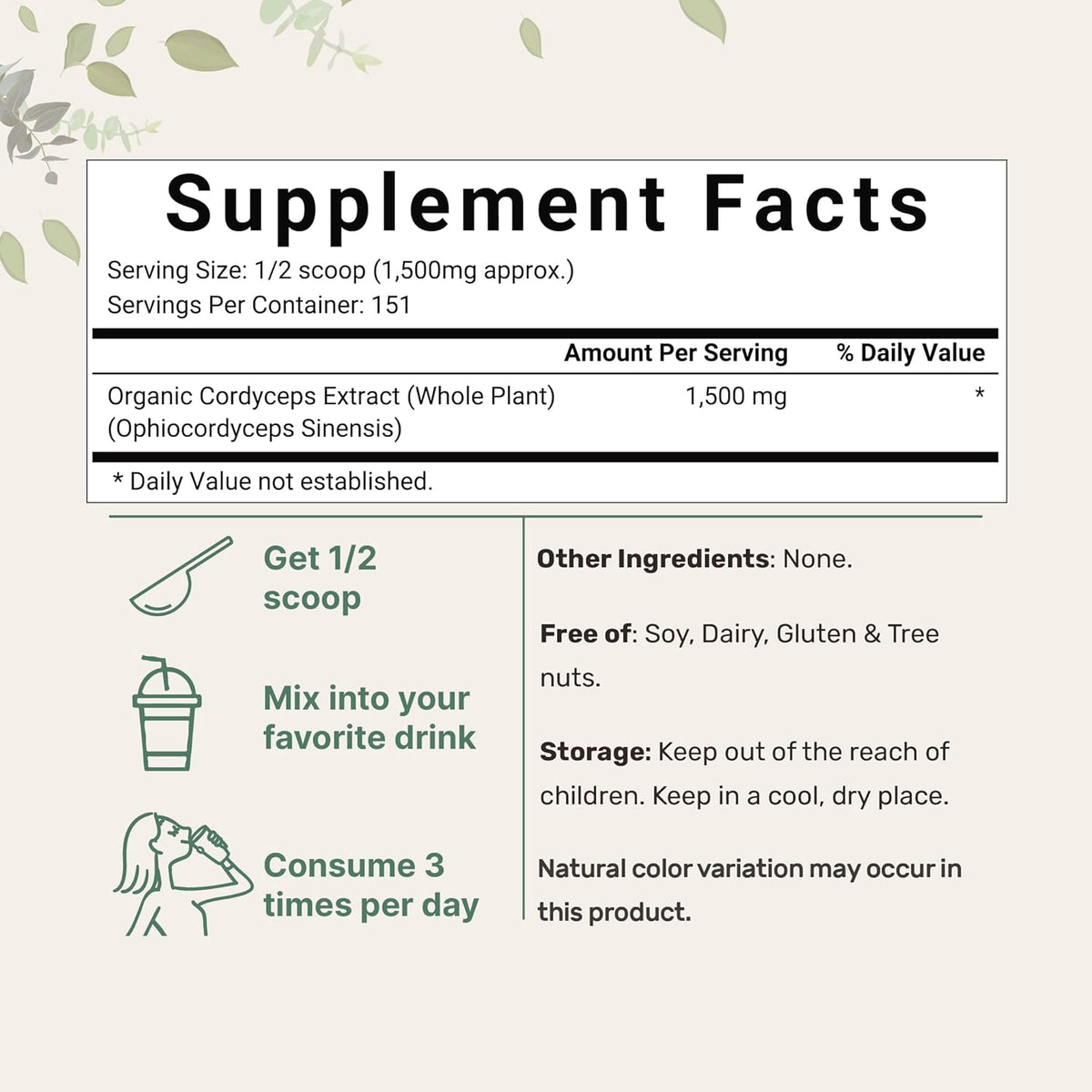 Micro Ingredients Organic Cordyceps Mushroom powder packaging supplement facts label