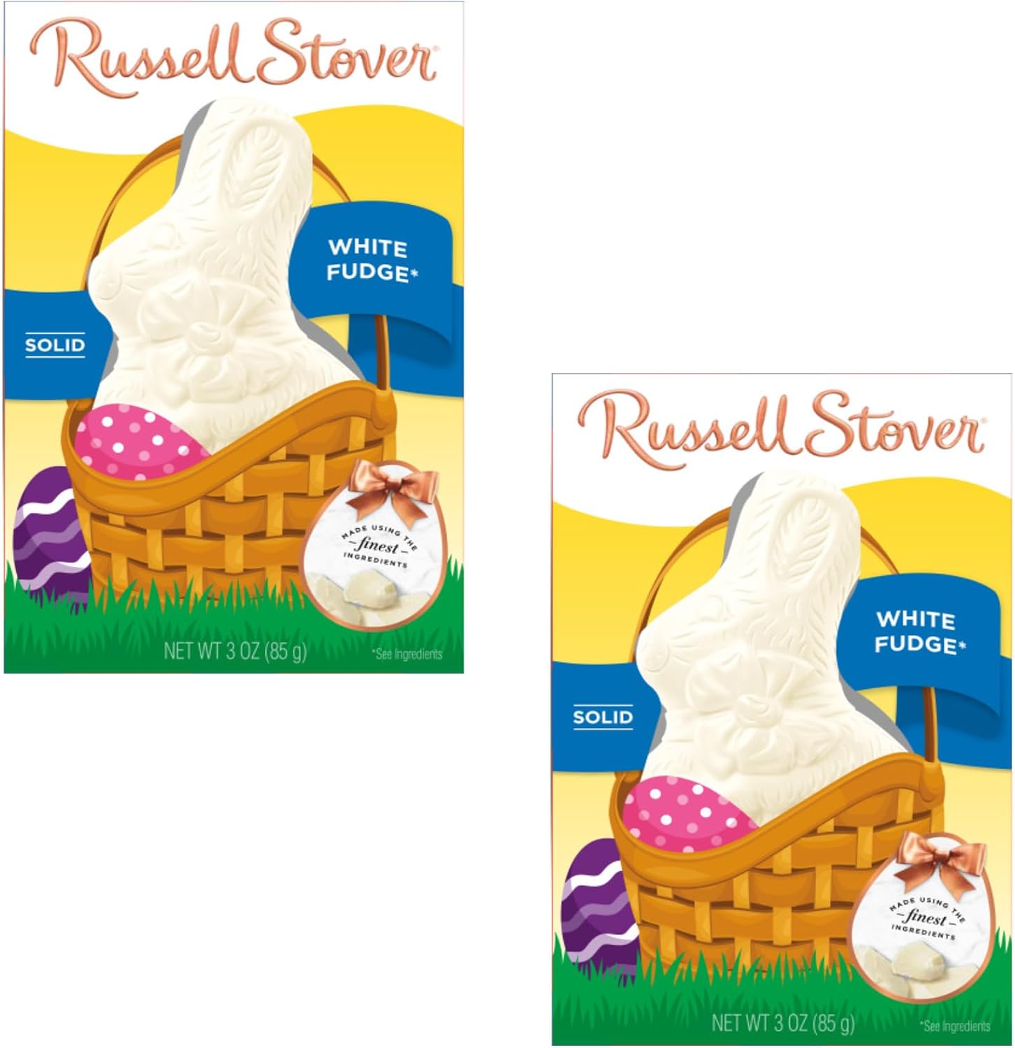 Russell Stover solid white fudge Easter bunny front packaging view