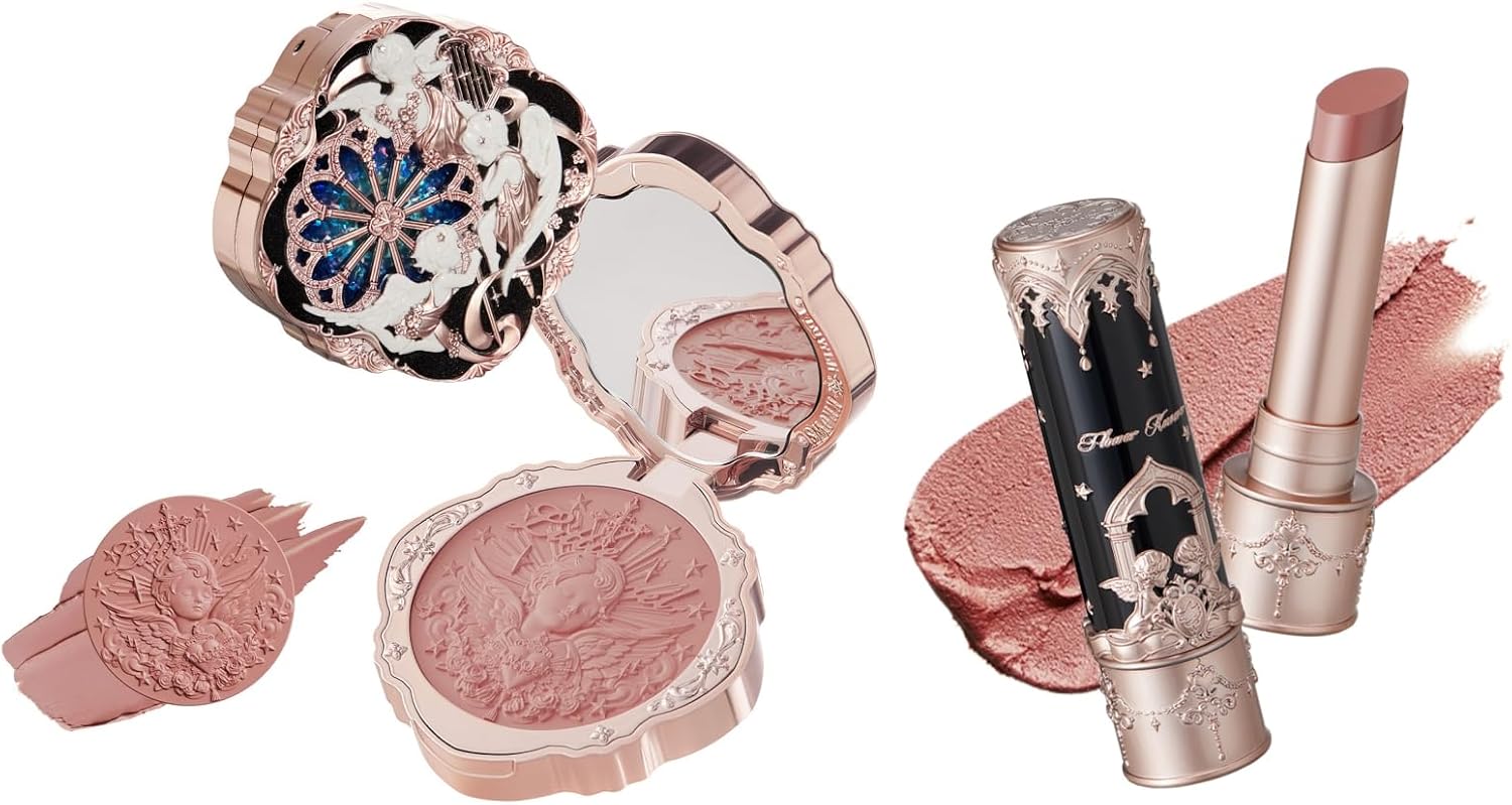 Flower Knows Little Angel Cream Blush and Matte Lipstick Set,Buildable & Blendable Velvety Makeup,Soft Long-Lasting Cute Make Up(Blush 04 Rose Ashes + Lipstick C07 Golden Wheat) - Image 1