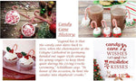 Mini candy canes being placed into festive holiday stockings.