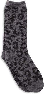 Barefoot Dreams CozyChic fuzzy socks front view showcasing animal print pattern.