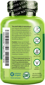 NATURELO dietary supplement bottles showing non-gmo and gluten-free certification seals