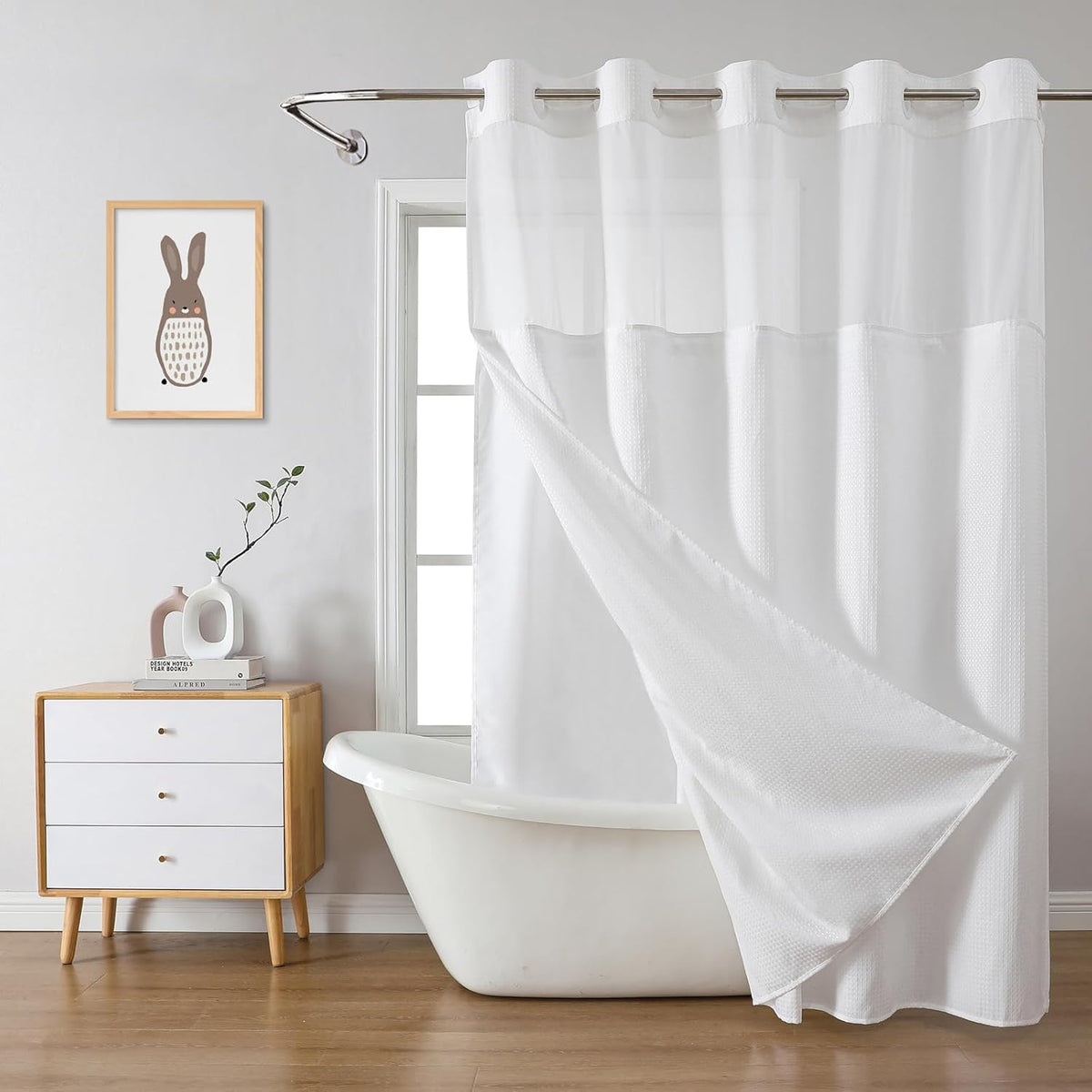 Eachope white no hook waffle weave shower curtain front view hanging in a modern bathroom setup.