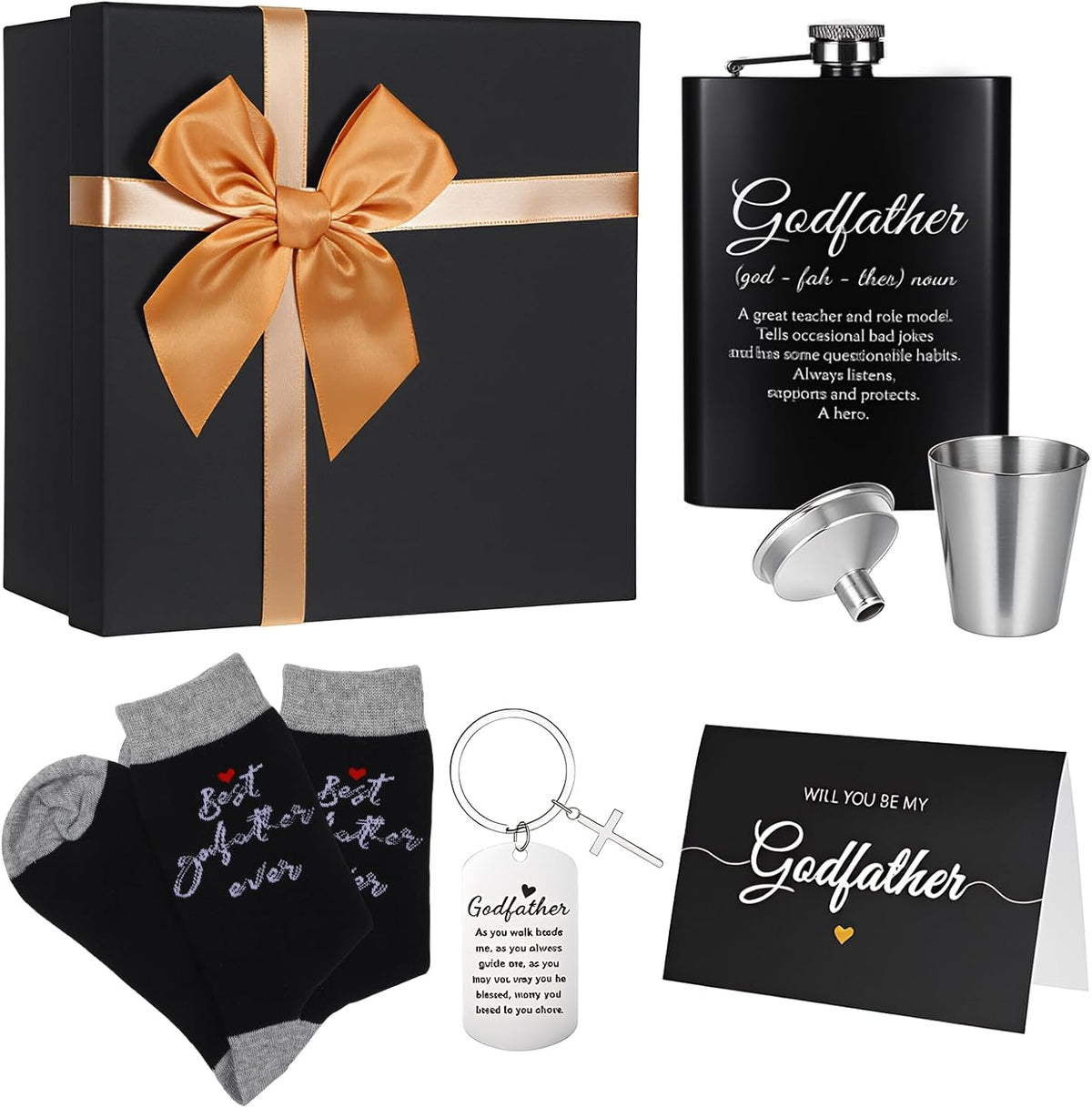 QsiuYbng 7 Piece Godfather Proposal Gift Set showcasing the complete black magnetic box contents on a clean background.