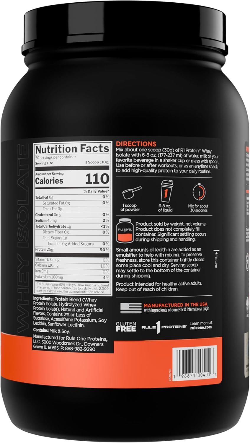 Rule 1 whey isolate vanilla creme tub nutrition facts label