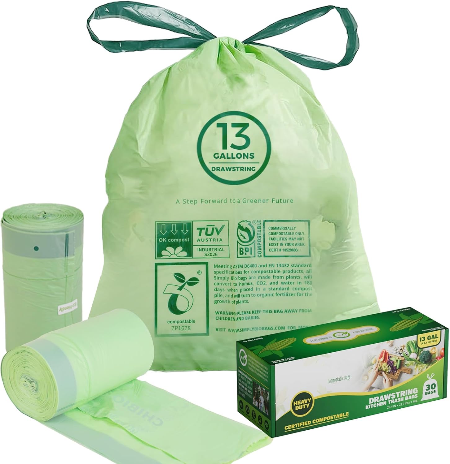 Lokingrise 13 Gallon Compostable Trash Bags front view package showcasing drawstring kitchen liners