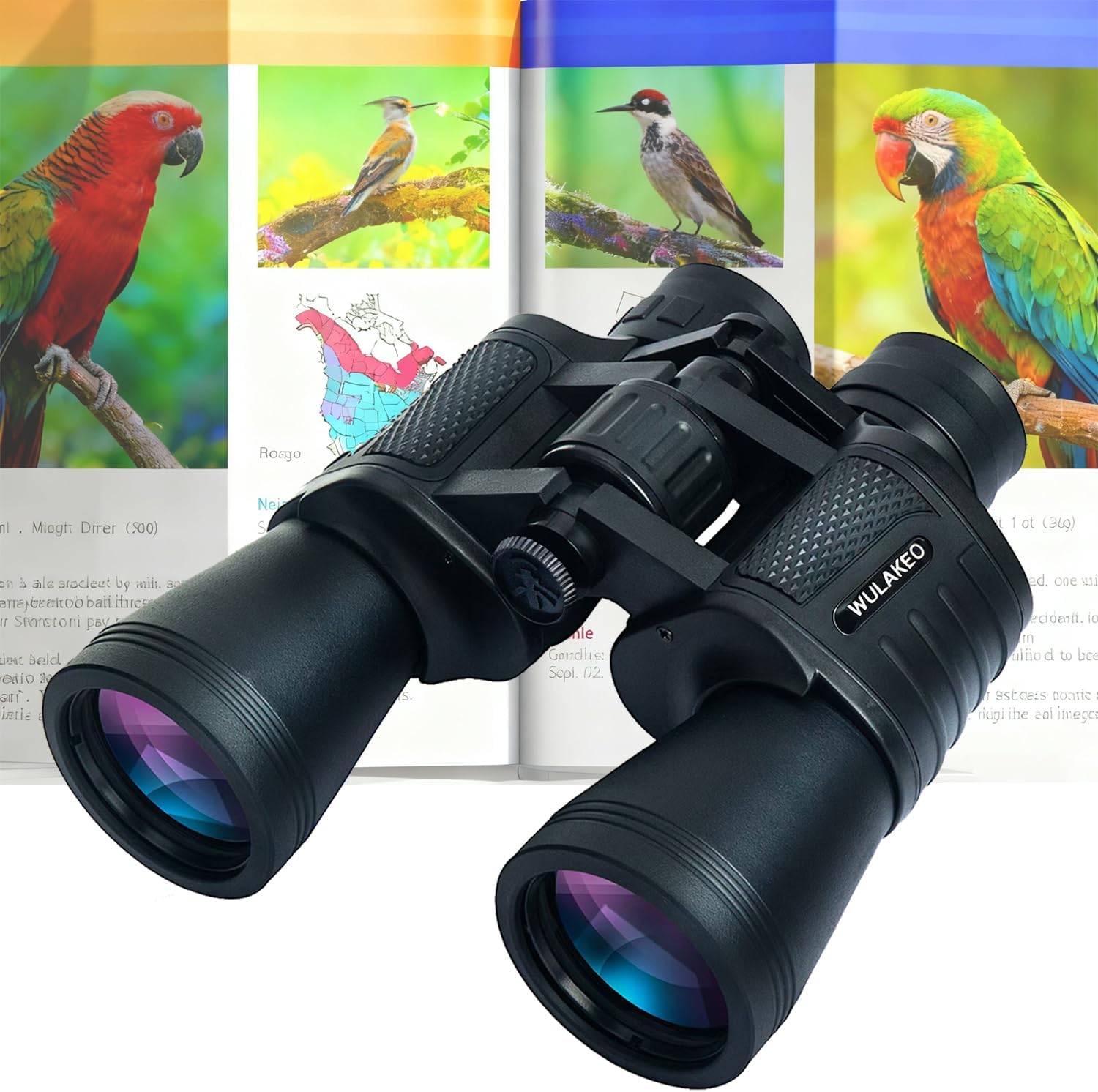 Wulakeo 30x50 high powered binoculars front view showing the fifty millimeter objective lenses