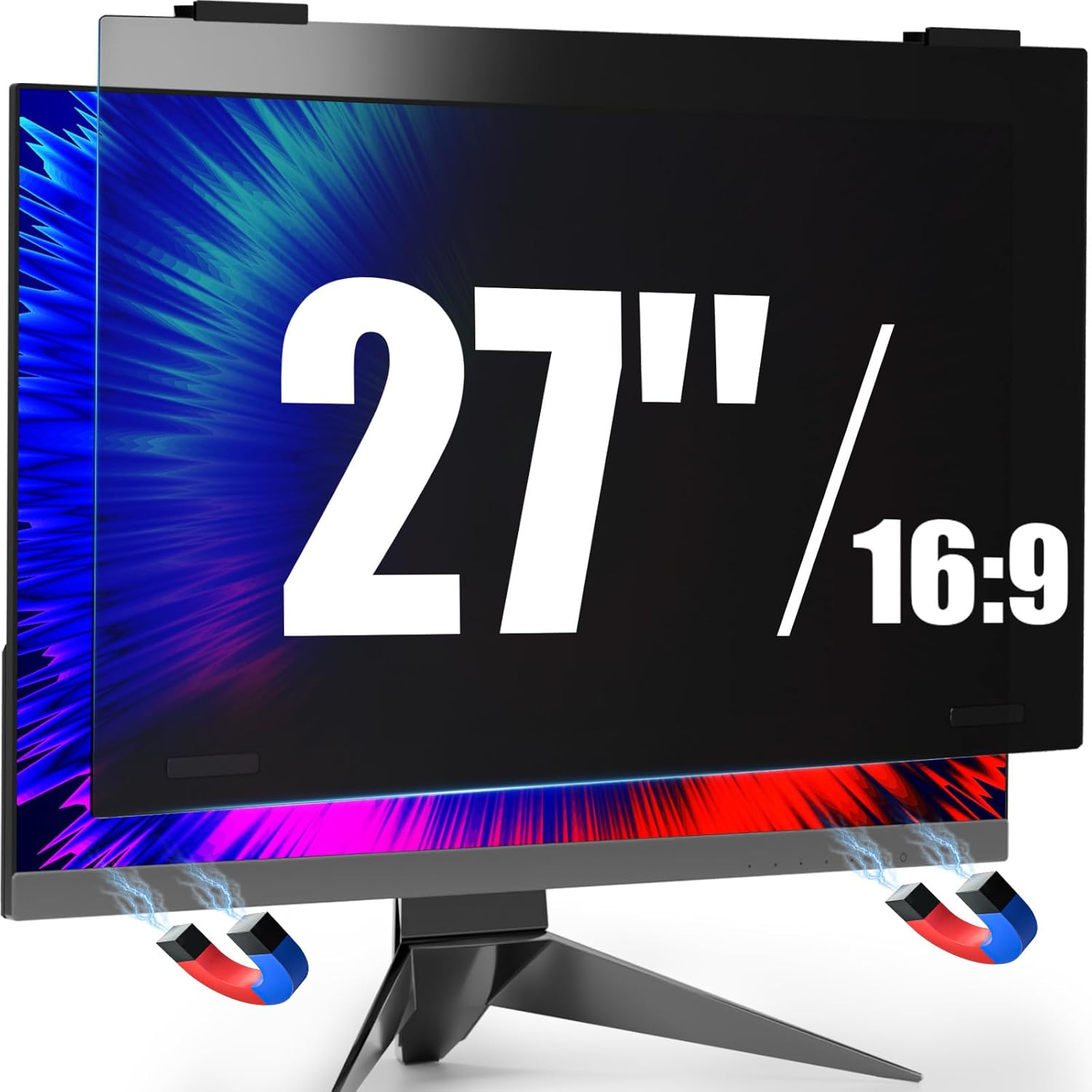 ZCAZY 27 inch monitor privacy screen front view installed on a corporate office desktop computer