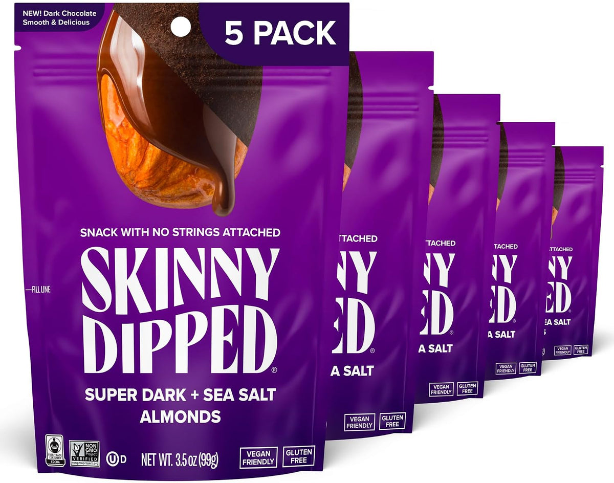 SkinnyDipped Dark Chocolate Cocoa Almonds, Healthy Snack, Plant Protein, Gluten Free, 3.5 oz Resealable Bags (Pack of 5) - Image 11