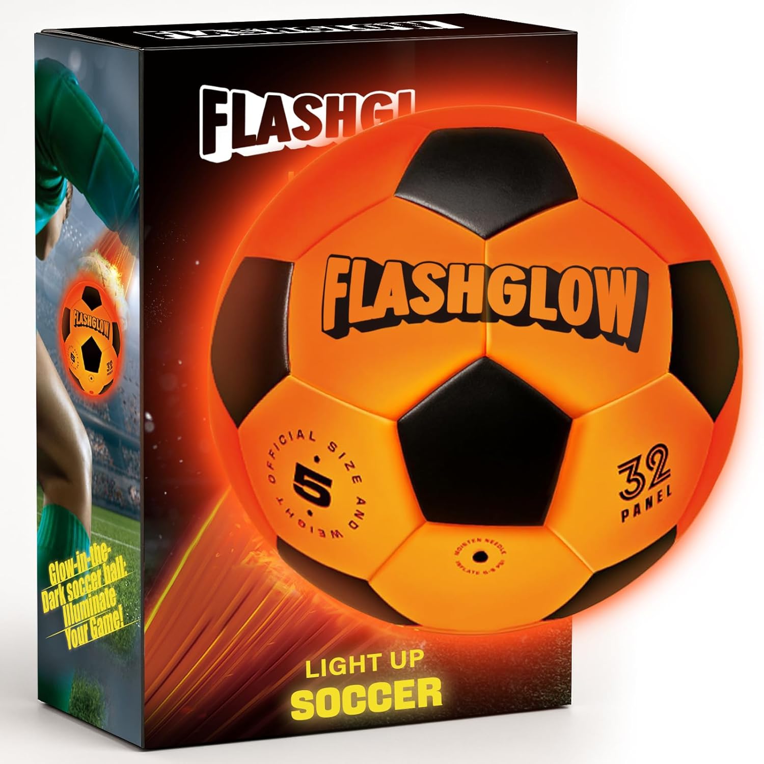 FLASHGLOW Light Up Soccer Ball front view glowing in the dark