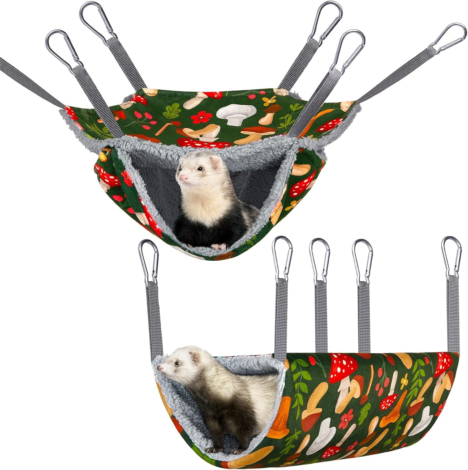 Bienbee ferret rat hammock set green mushroom front view hanging in a wire cage