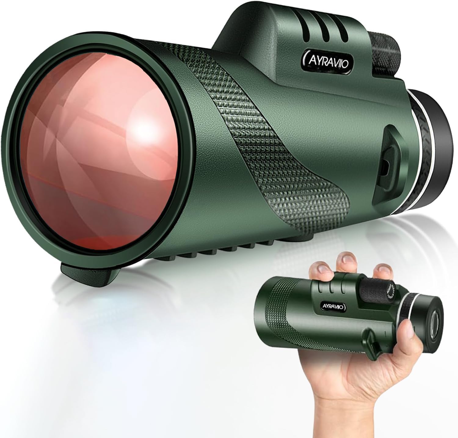 Ayraviio 10x42 compact monocular telescope front view showing the green fully multi coated lens