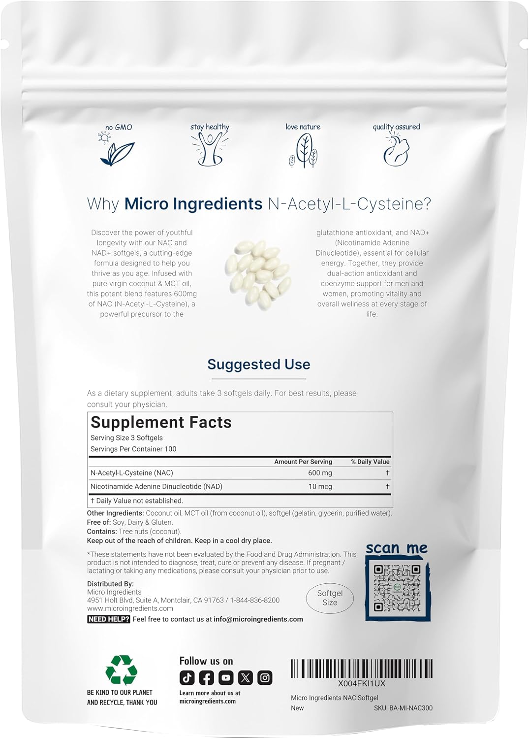 Micro Ingredients NAC 300 softgels nutrition facts label