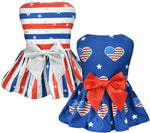 Vehomy 2-pack 4th of July dog dresses front view showing patriotic flag design.