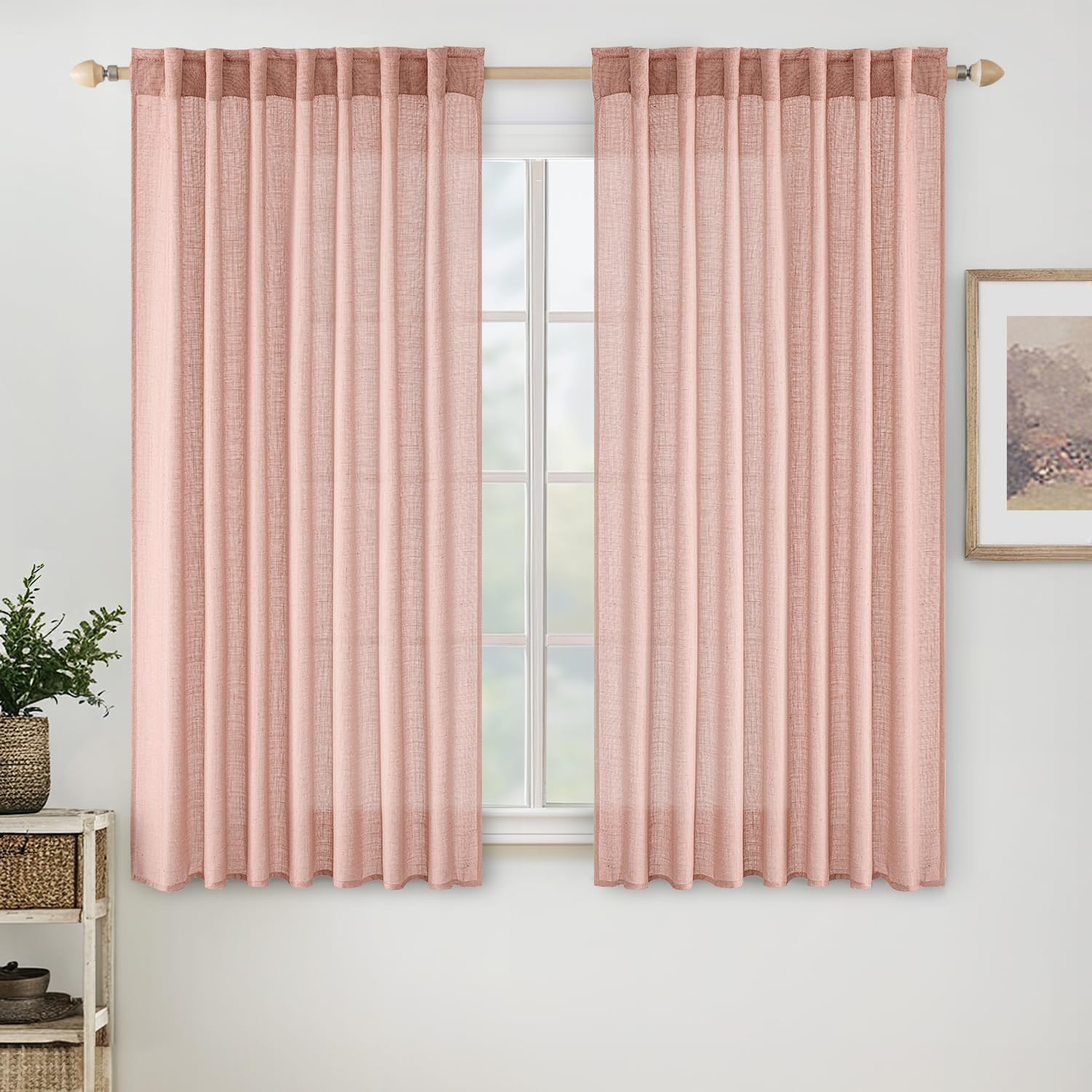 MIULEE blush pink linen curtains 54 inch length front view hanging in a girls bedroom nursery.