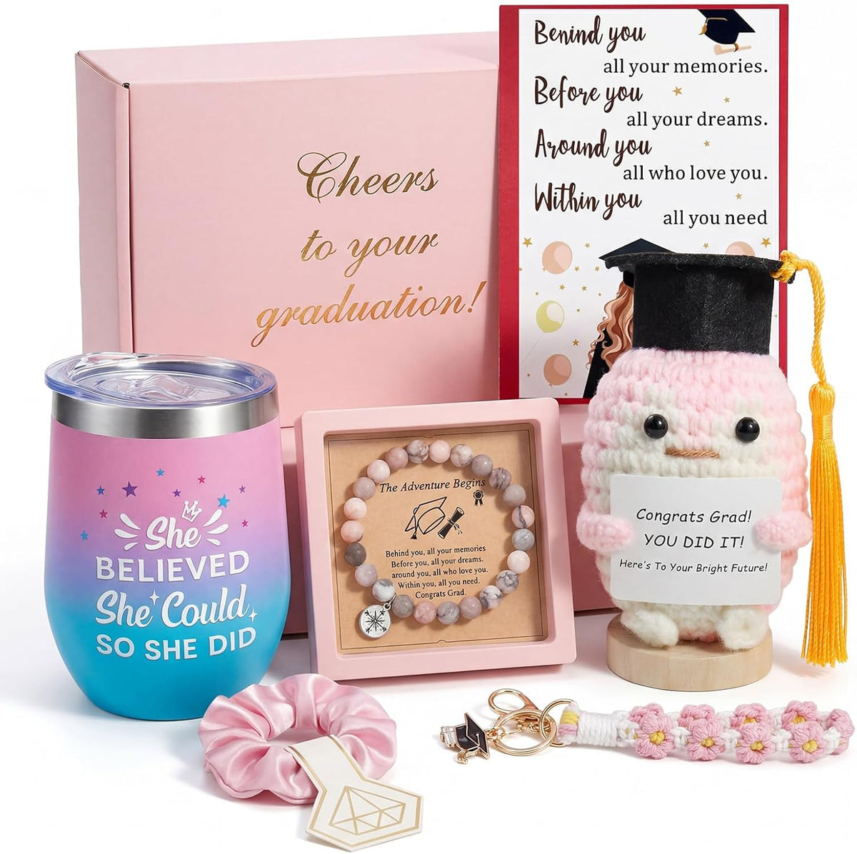 Vryxond graduation gift basket for her front view