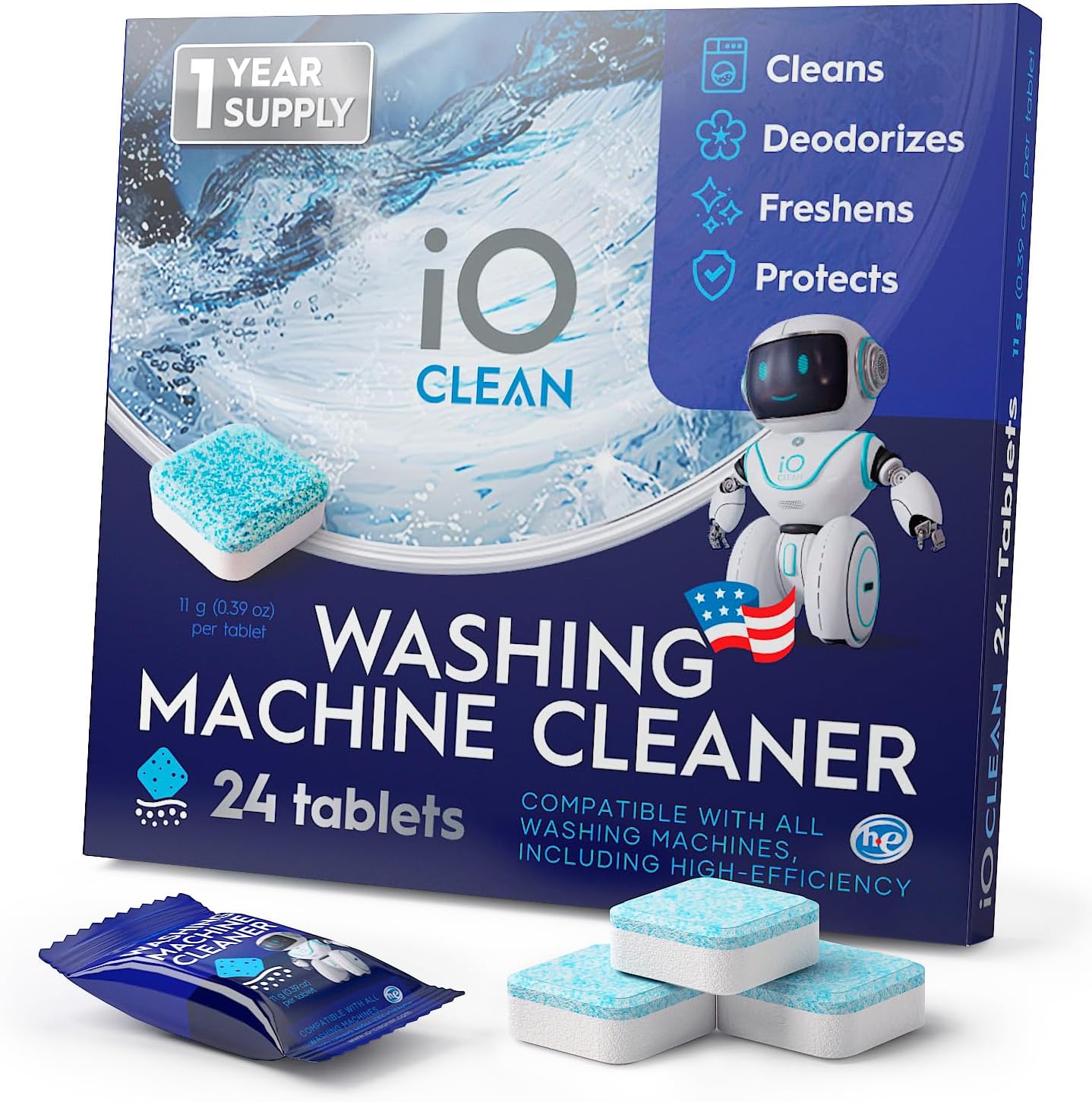 iO CLEAN Washing Machine Cleaner Tablets front view for deep cleaning