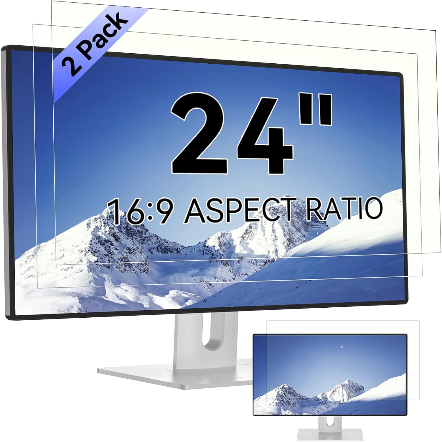 Mamol 24 inch computer blue light blocking screen protector 2 pack front view on desktop monitor.