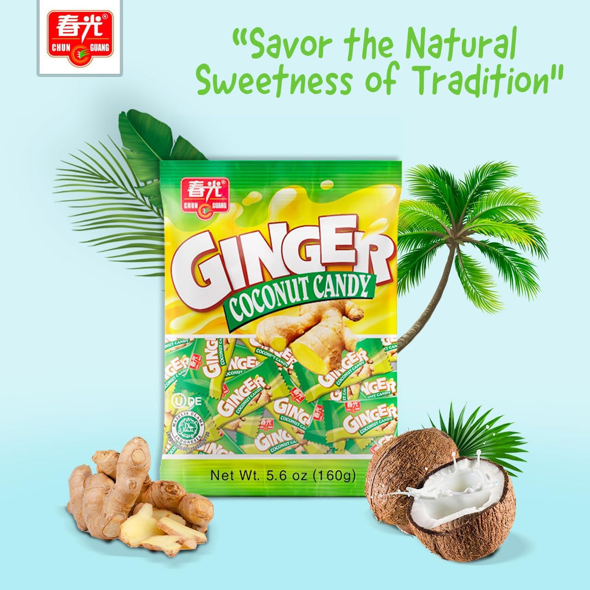 Individually wrapped Chun Guang Ginger Coconut Candies spilled out of the bag for easy snacking.