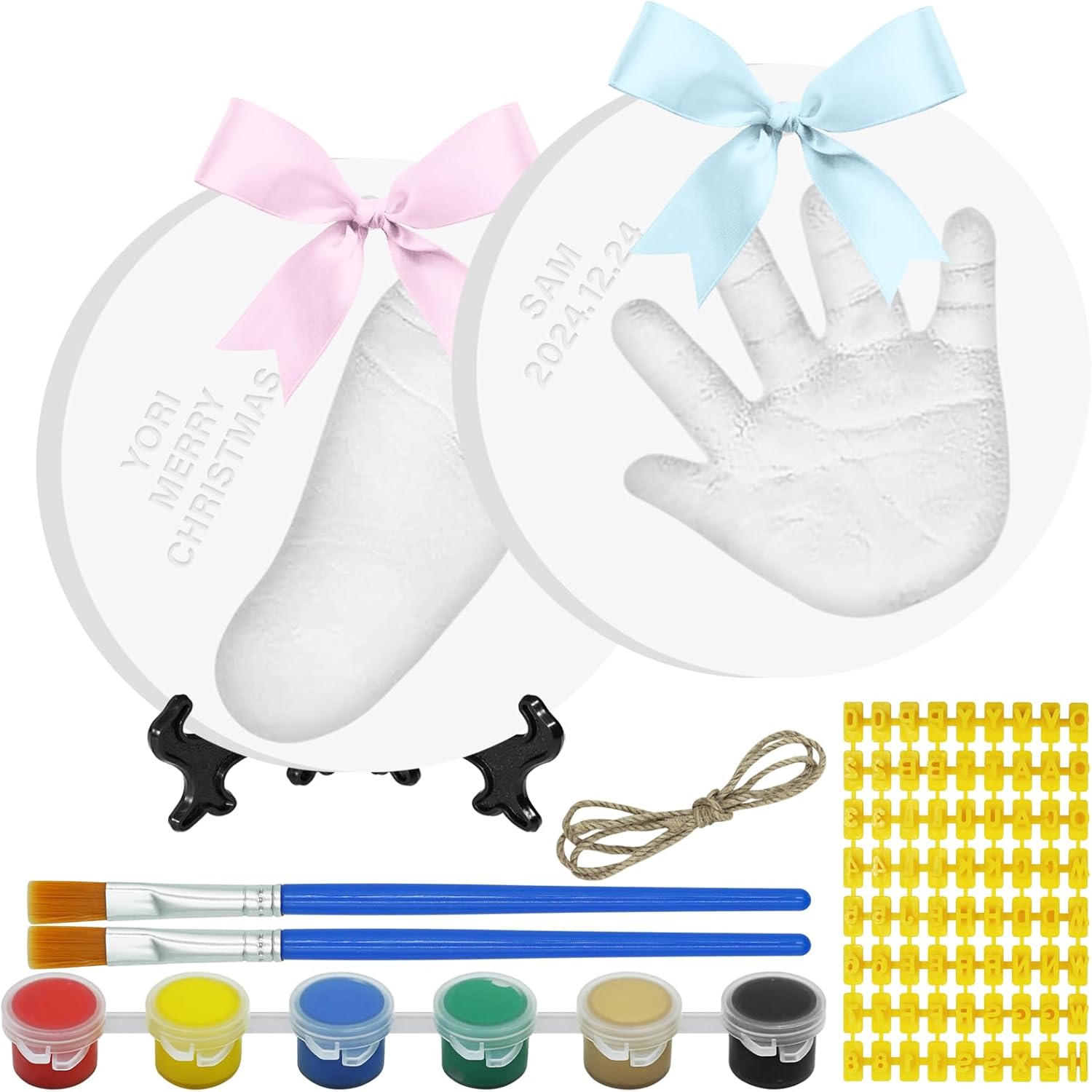 Kimitimi Baby Handprint Footprint Keepsake Ornament Kit front view showing the complete DIY set package.