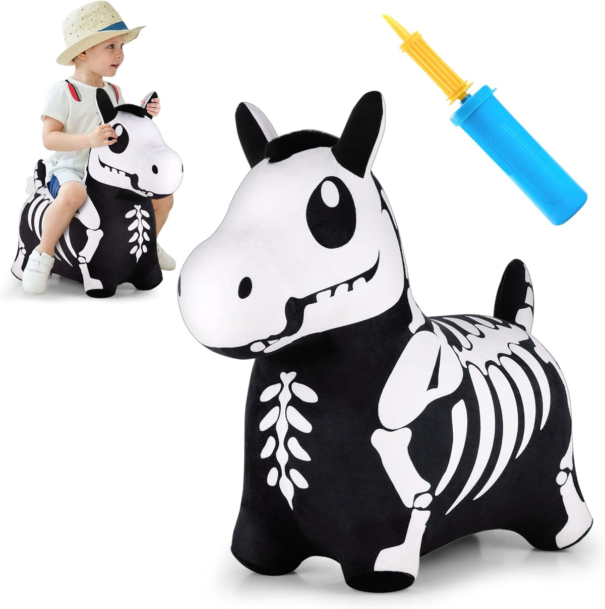 iPlay iLearn Bouncy Pals Skeleton Hopping Horse front view inflatable ride on toy