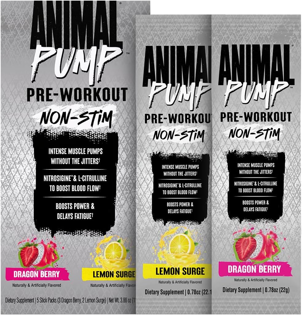 Animal Pump NS Stim-Free Pre Workout Powder 5 Stick Packs front view showing authentic imported supplement packaging.