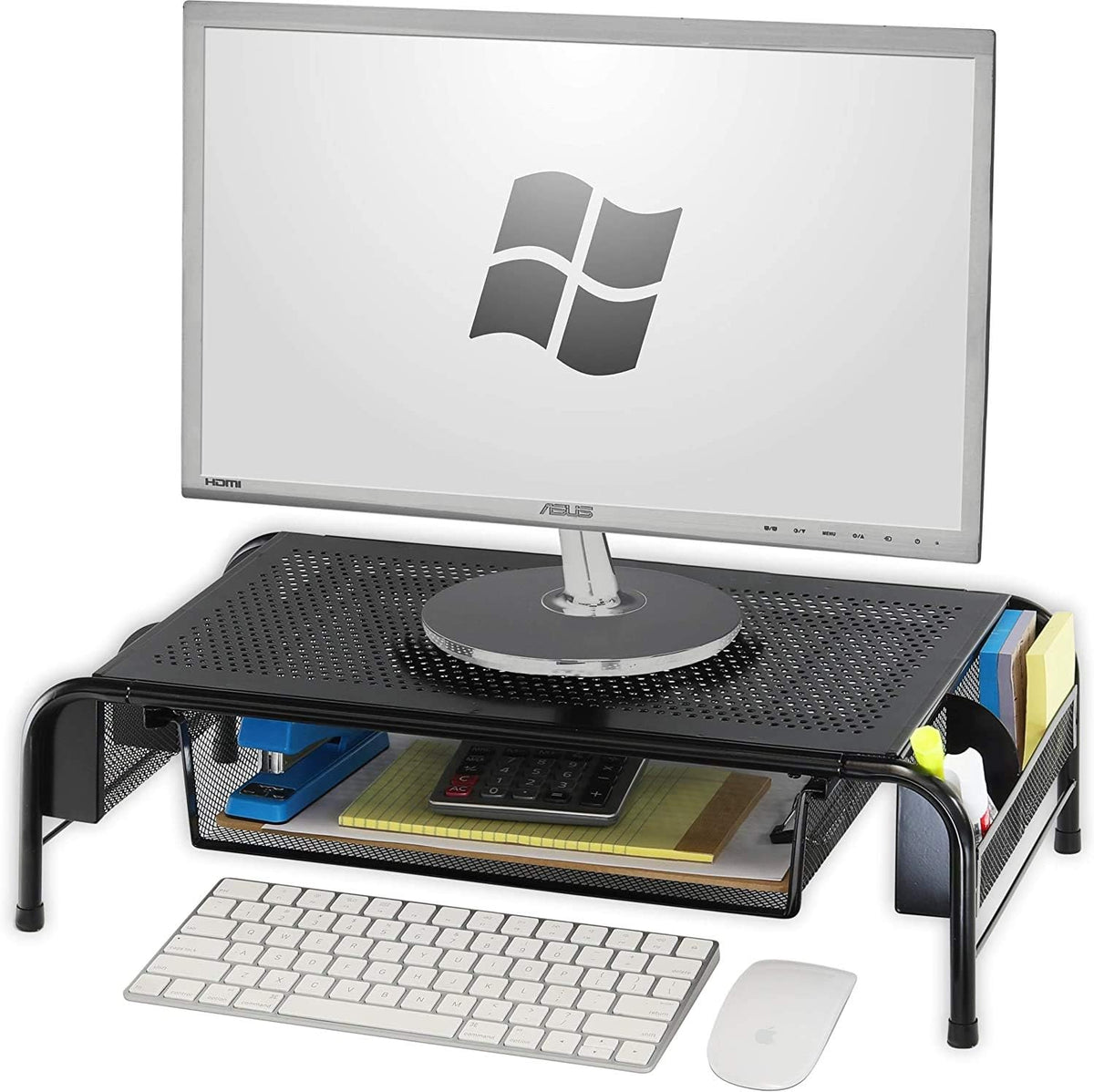 Simple Houseware Metal Desk Monitor Stand Riser front view displaying sliding drawer and black mesh construction.