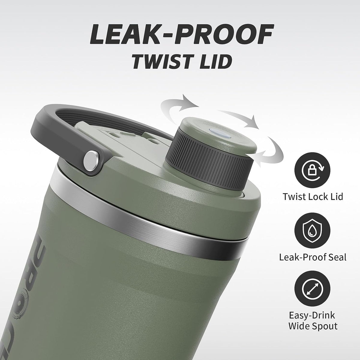 Prochain metal shaker cup showing leak proof twist lock lid