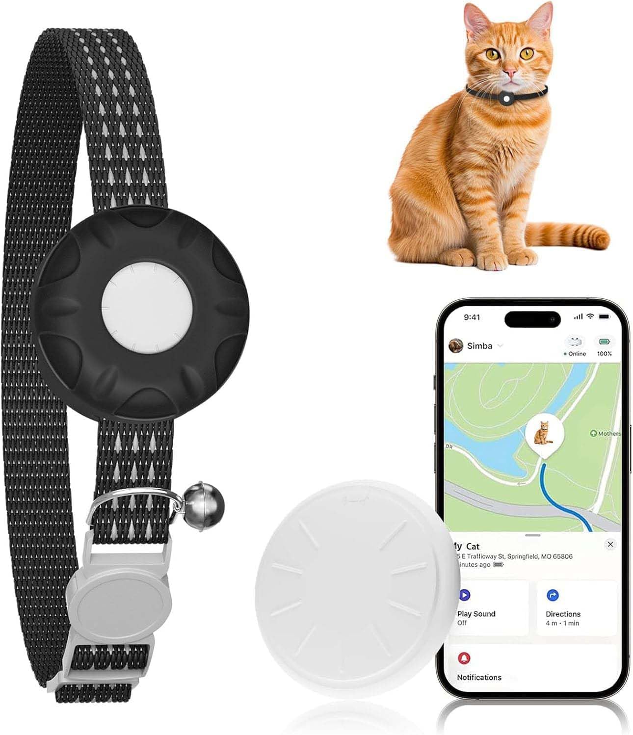 ZFSJTAG GPS cat tracker front view showing the white tracking device secured on a premium black pet collar.