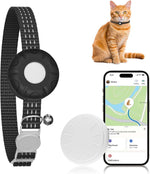 ZFSJTAG GPS cat tracker front view showing the white tracking device secured on a premium black pet collar.