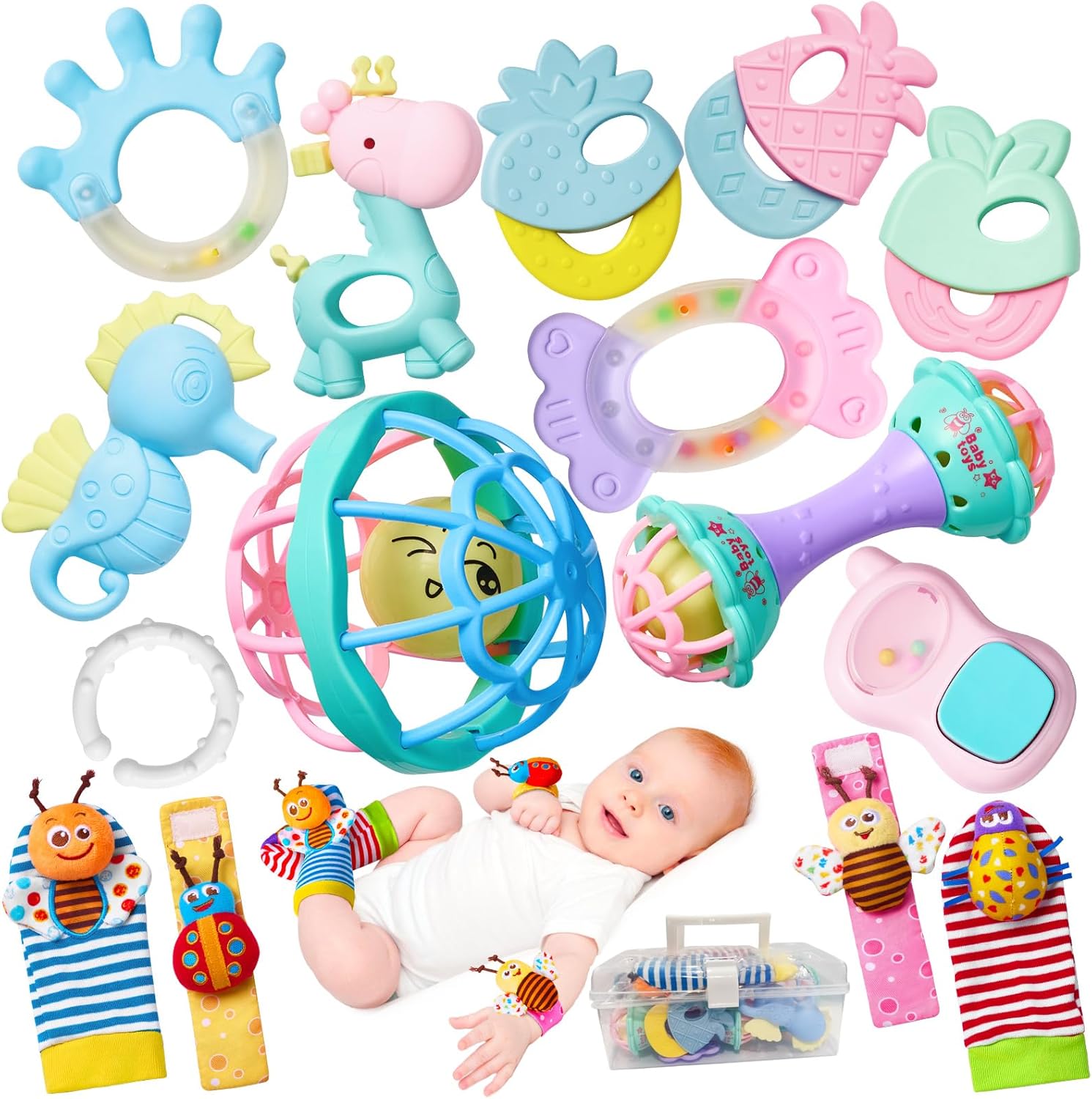 AOYOHOMOA fifteen piece baby rattle and teething toy set front view showcasing pastel colors.