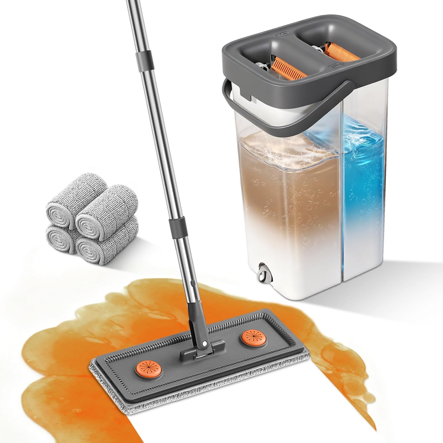 MUEE Mop and Bucket Set front view showing dual chamber system and flat mop.