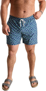 Chubby mens swim trunks on model outdoor beach setting