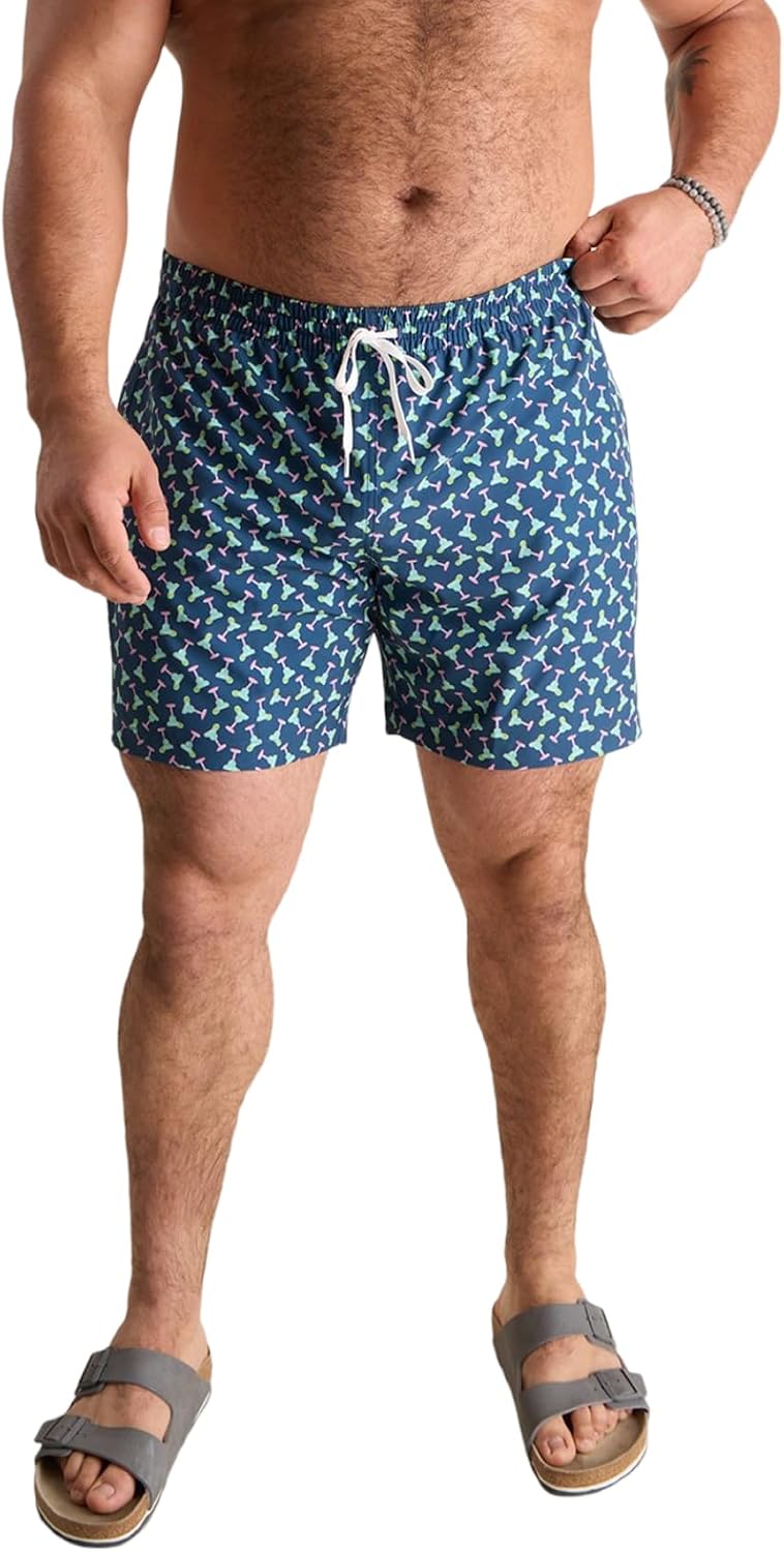 Chubby mens swim trunks on model outdoor beach setting