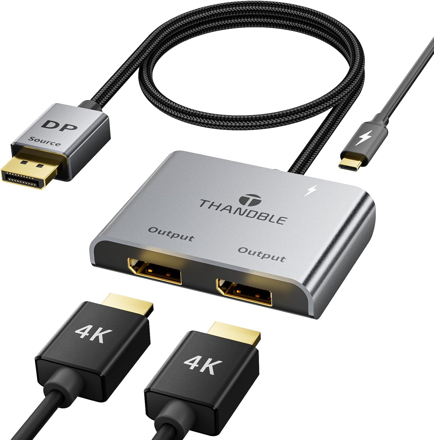 Thandble DisplayPort to dual DisplayPort splitter adapter front view for dual monitor setup.