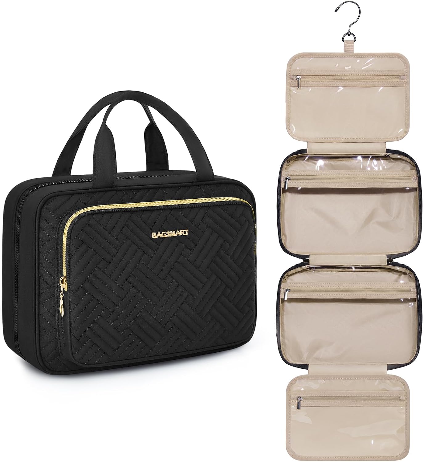 Bagsmart hanging travel toiletry organizer front view in basic black
