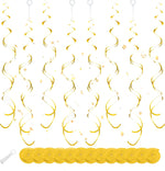 Pigetale gold hanging swirl decorations front view showcasing the shiny metallic reflective foil material for premium party styling.