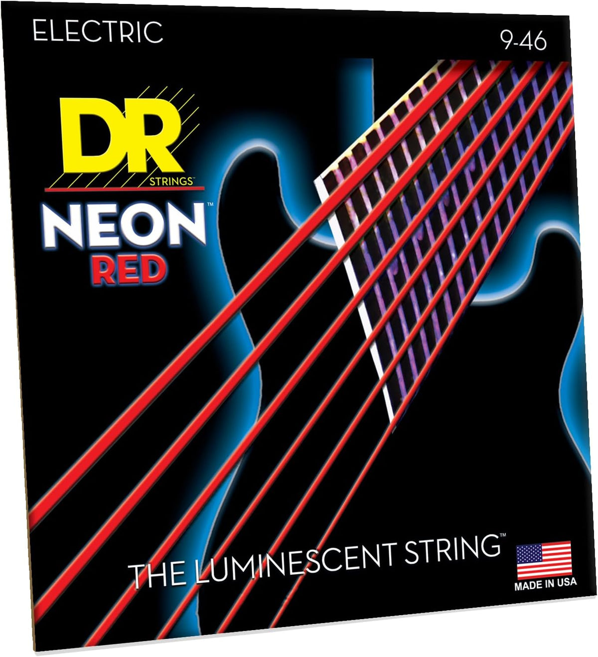 Electric guitar fitted with glowing green neon strings under UV light