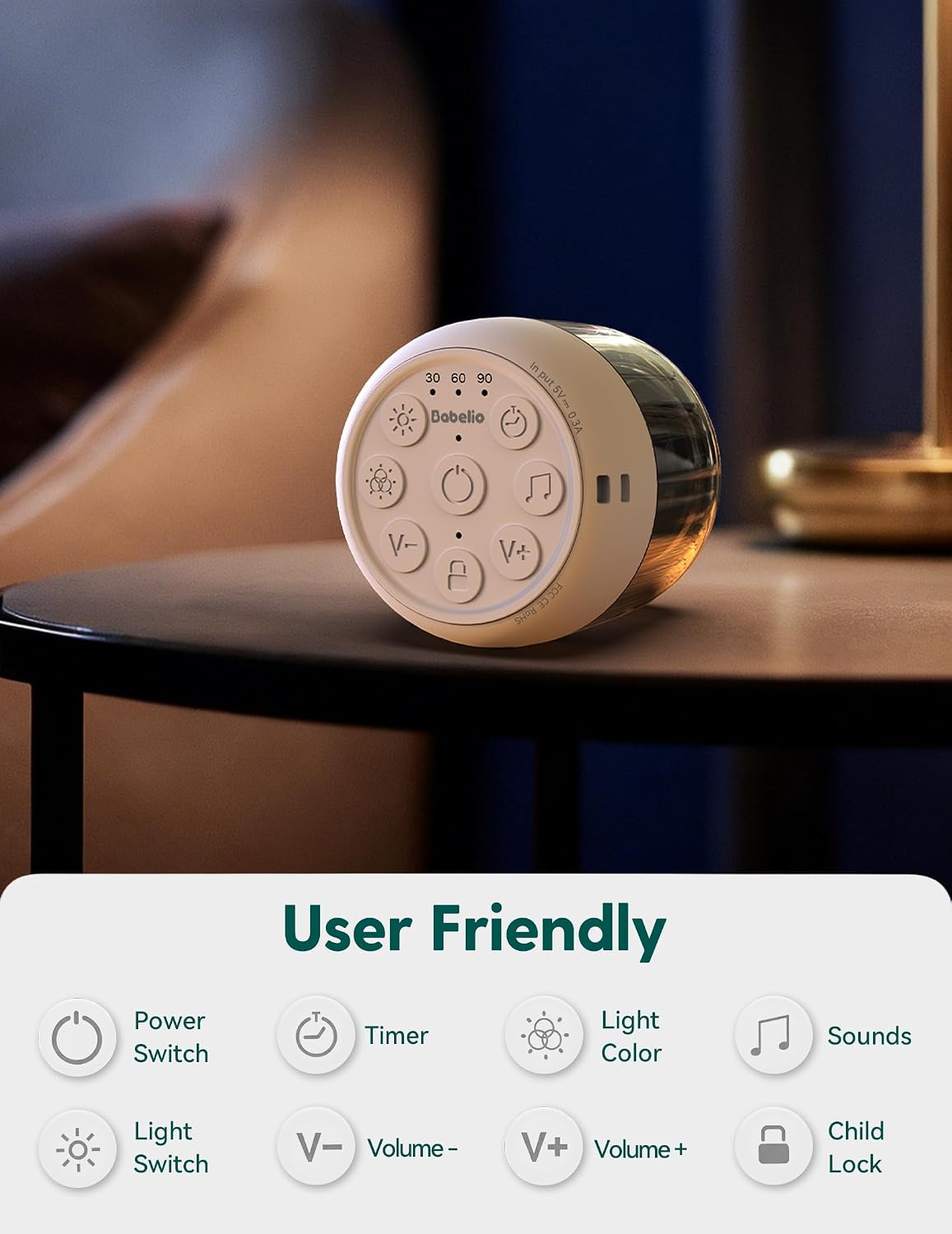 Babelio rechargeable sound machine illuminated in dark