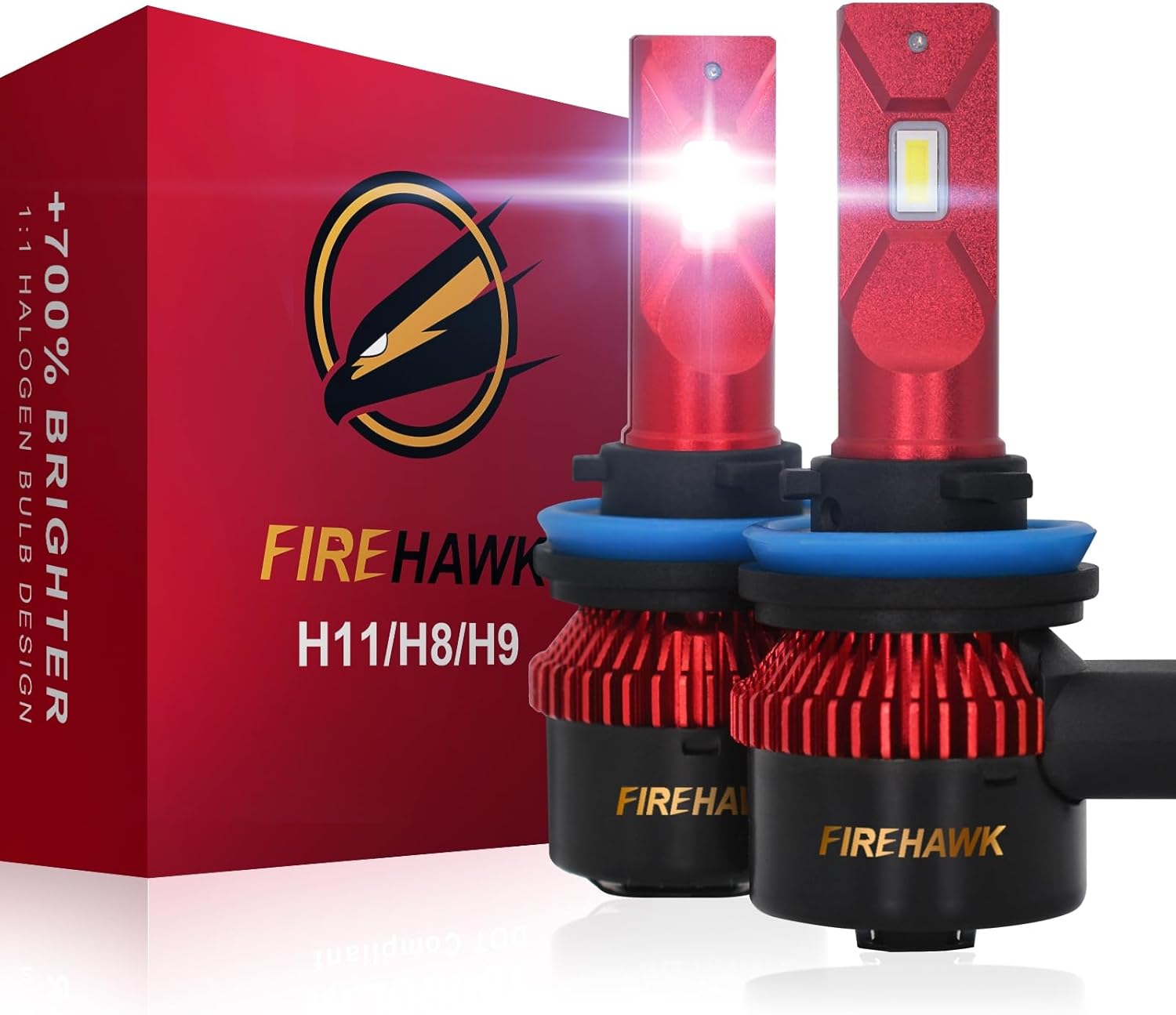Firehawk H11 LED fog light bulbs front view showing the Japanese chip design.