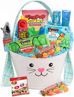 FunFlavorsBox Easter celebration basket side view highlighting the embroidered pink bunny ears