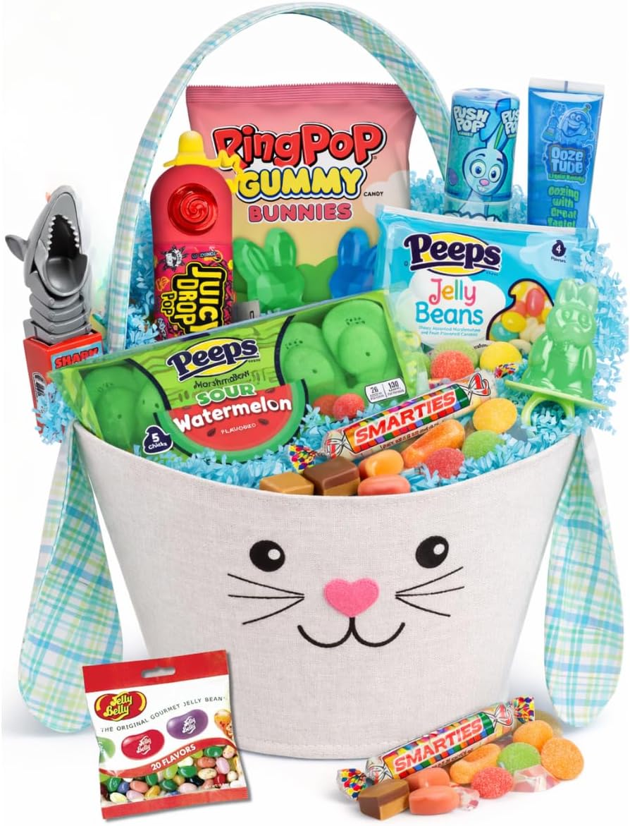 FunFlavorsBox Easter celebration basket side view highlighting the embroidered pink bunny ears