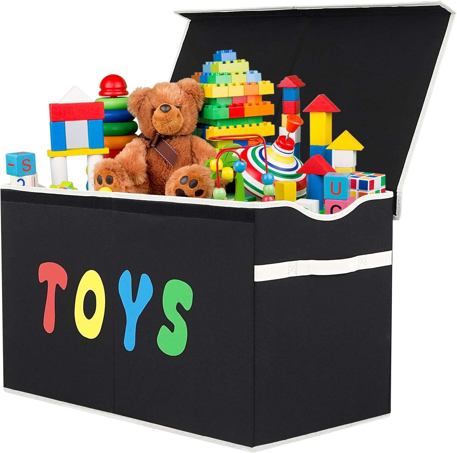 YOLOXO Toy Box Chest front view showing extra large black fabric storage organizer with double flip top lid closed.