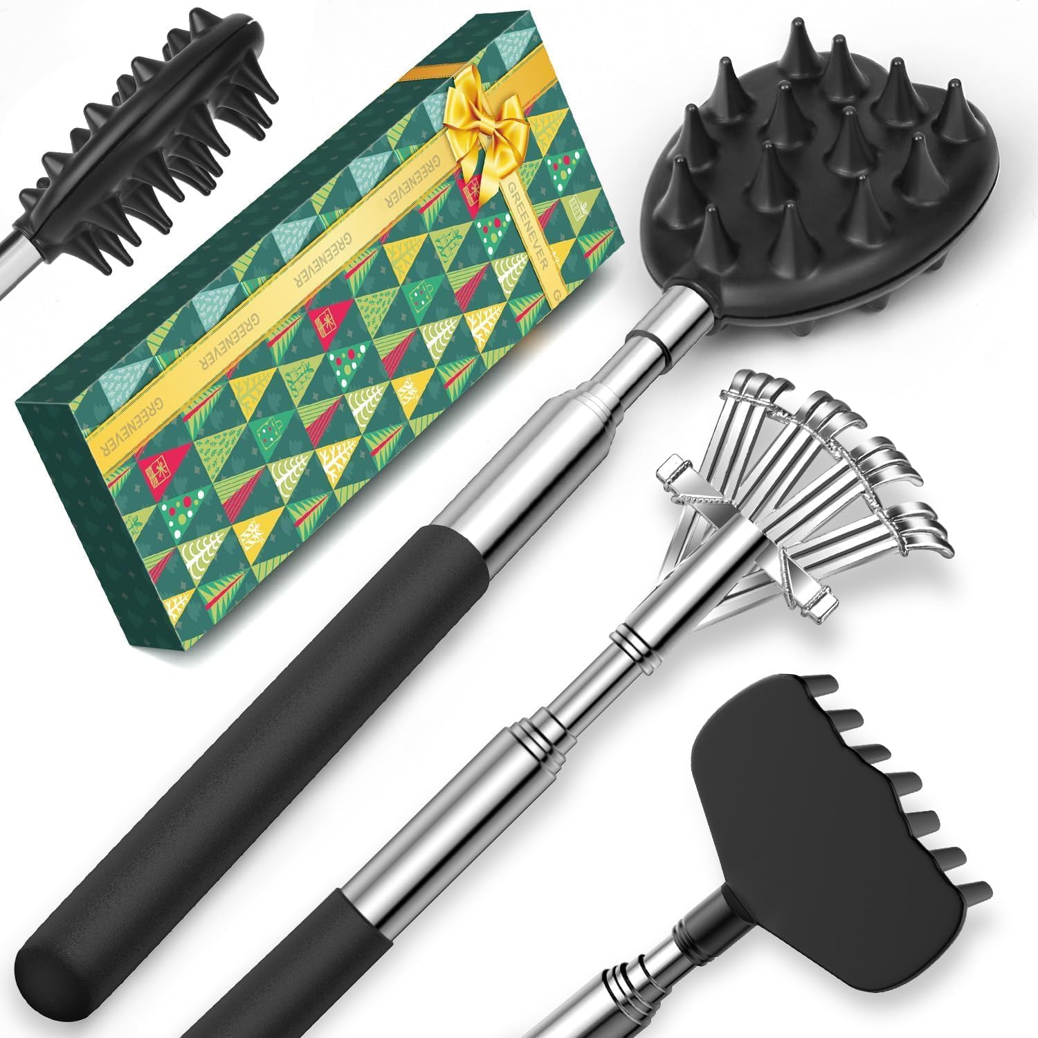 Greenever extendable back scratcher set front view showing premium packaging.