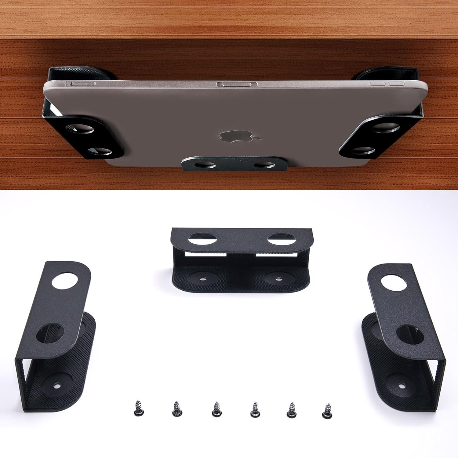 BYMECOST under desk laptop storage mount front view holding a laptop securely.