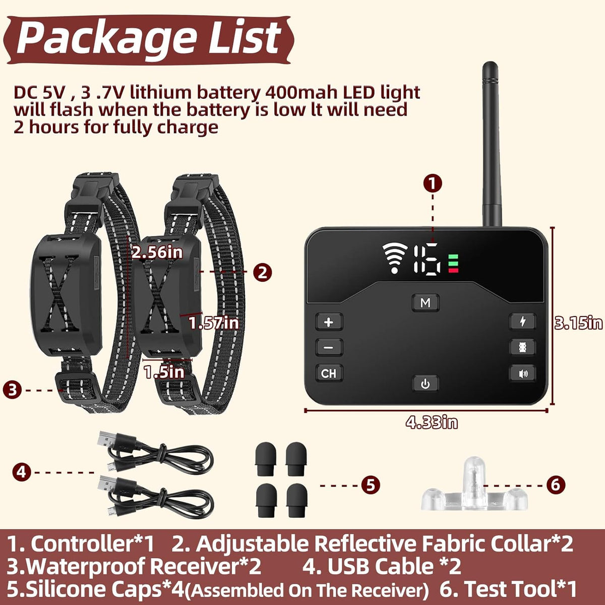 Complete contents of the imported pet containment kit including transmitter, two collars, charger, and testing tool