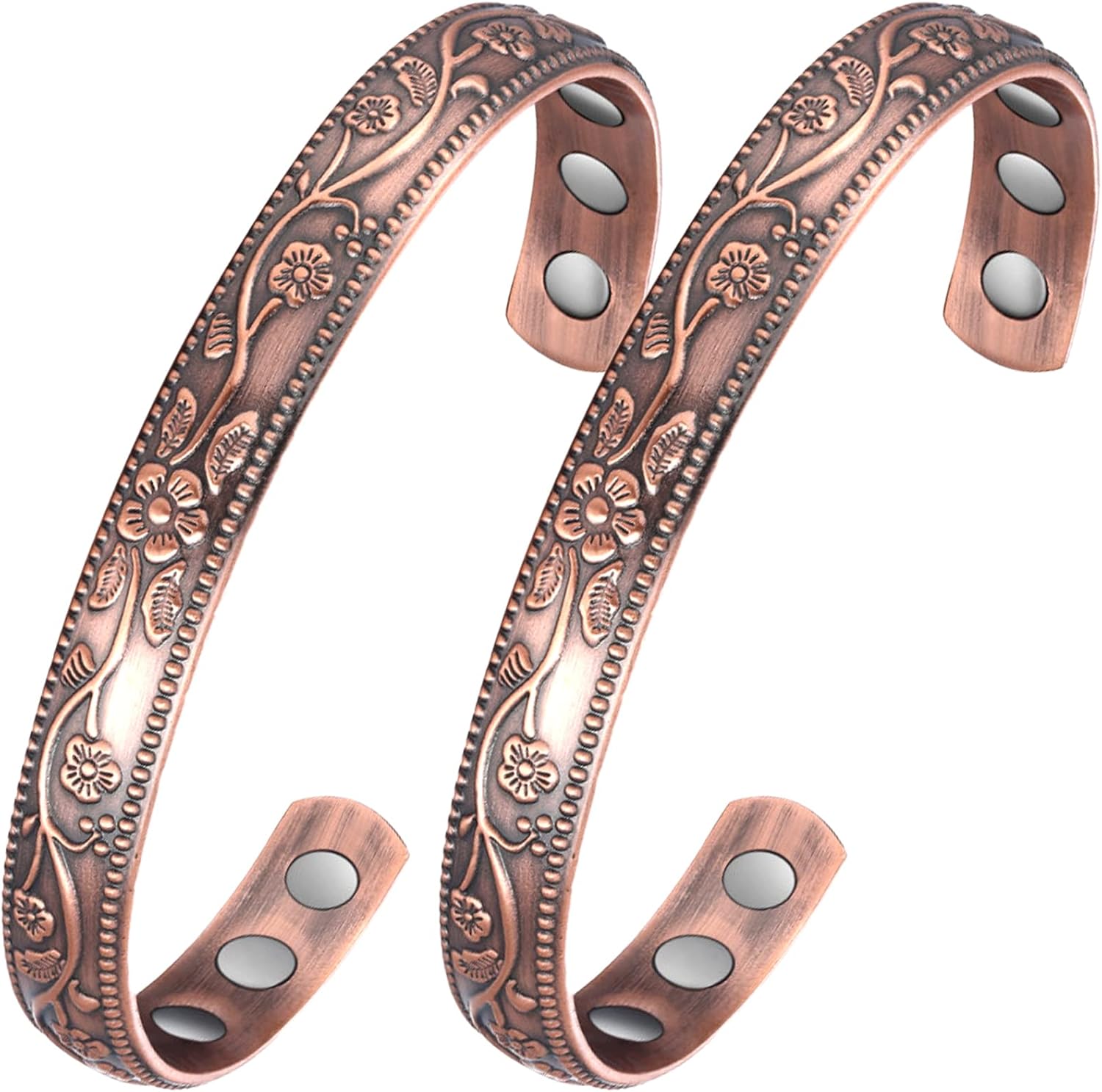 Jecanori 2Pcs Magnetic Copper Bracelets for Women, Vintage Flower 99.99% Pure Copper Bracelets with 3500 Gauss Magnets, Adjustable Cuff Jewelry with Gift Box - Image 1